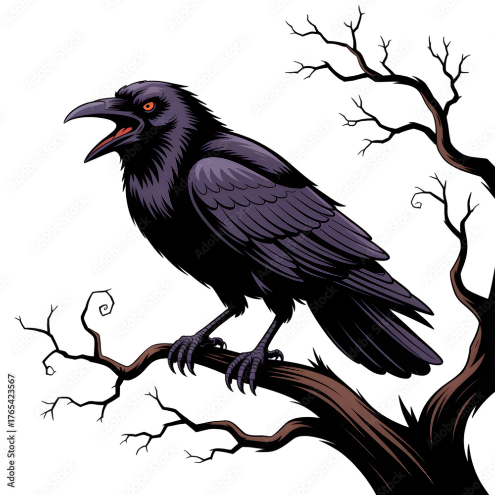 Fototapeta premium Spooky halloween crow perched on gnarled branch with mouth open