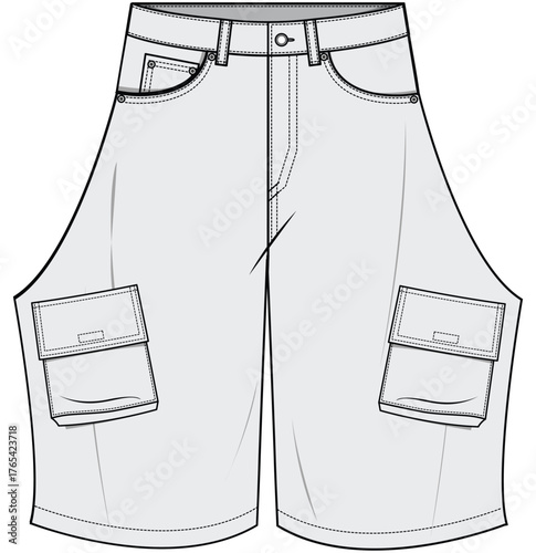 Baggy Oversize layer Cargo Short Fashion Illustration, Vector, CAD, Technical Drawing, Flat Drawing, Template, Mockup.