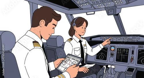 Illustration of a male and female pilot in the cockpit of an airplane with a control panel.