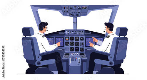 Two pilots sitting in an airplane cockpit with control panels and instruments.