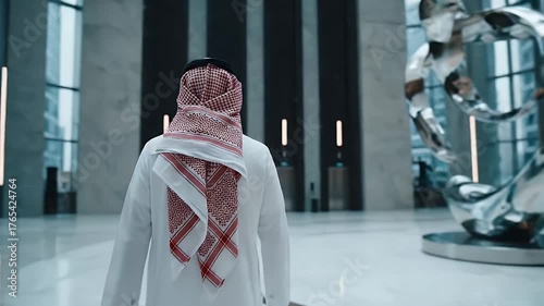 A person in traditional attire walks through a modern building towards a large glass window
