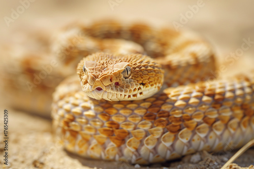 Realistic yellow-brown snake coiled on sand under sunlight. Detailed scale texture highlights the natural desert environment and reptile beauty