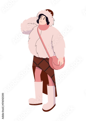 Woman in cozy winter outfit wearing fur coat boots and crossbody bag looking up isolated on white background
