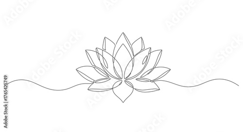 One continuous line drawing of a beautiful lotus flower, minimalist single line art vector illustration for spa and wellness concept