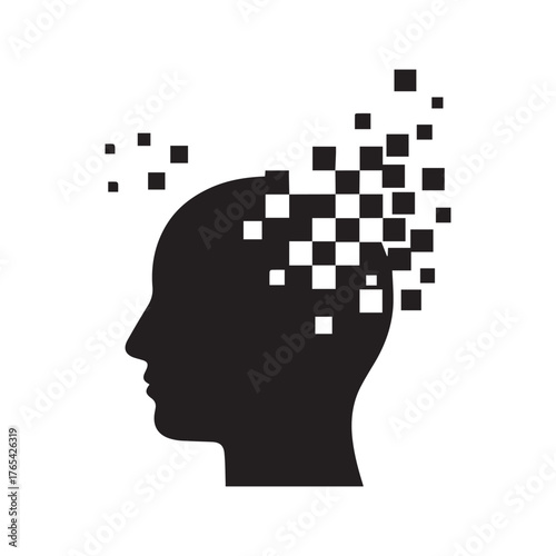Dementia and Memory Loss Icon: Human Head Dissolving into Pixels, Symbolizing Mental Decline, Alzheimer's, and Digital Overload.
