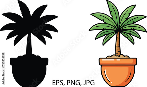 Potted Palm Tree Silhouette and Colored Vector Illustration, Indoor Plant Decor Design Element, Tropical Houseplant Icon for Interior Design and Decoration