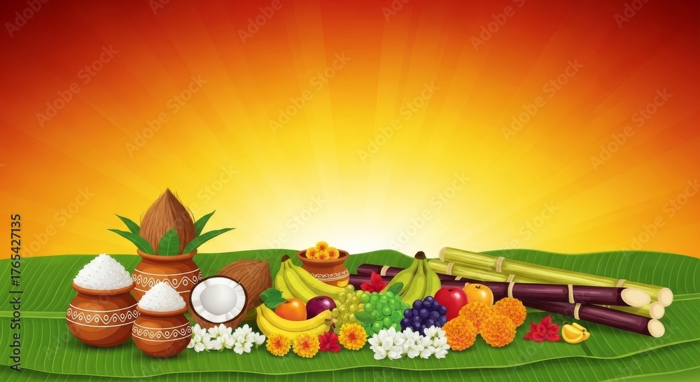 Naklejka premium Tamil Thai Pongal temple prayer banner background, banana leaves and offerings 