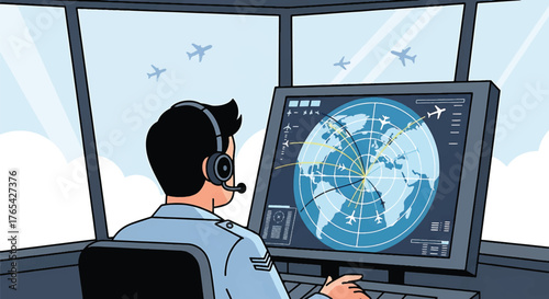 Illustration of a pilot operating a global air traffic control system in a control tower with a headset on.