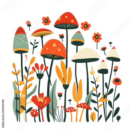 Minimalist flat-style illustration of colorful mushrooms and flowers. Autumn palette of red, orange, and green tones on a white background
