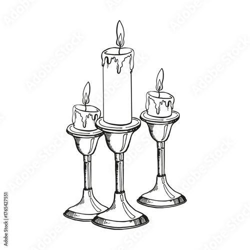 vector burning candles in antique candlestick with fire, three candles, black and white illustration of science, mystic theme, for cozy interior, hand drawn sketch for fairy tale, Christmas decoration