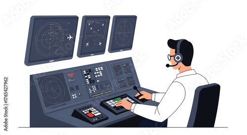 Illustration of a man wearing a headset operating a control panel with multiple screens in a modern workspace.