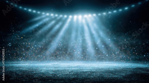 Dramatic stadium lighting with spotlights and particle effects dark background