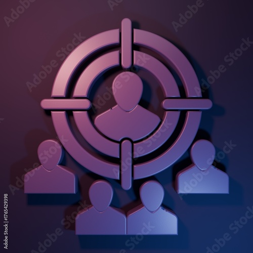 Purple Marketing target strategy concept icon isolated on purple-blue background. Aim with people sign. Minimalism concept. 3D render illustration