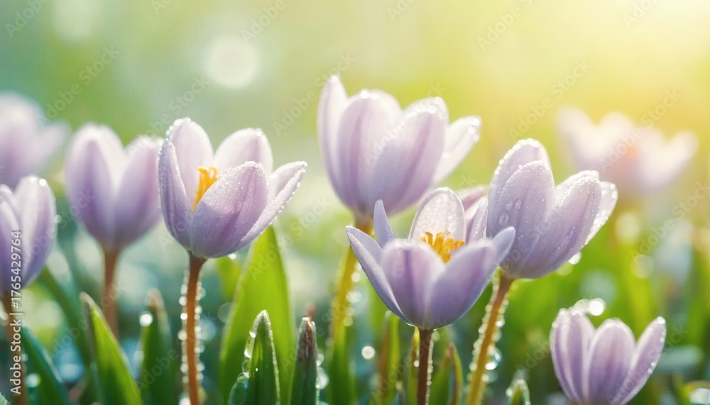 Fototapeta premium Purple Crocus in Morning Sunlight Among Dewy Green Grass, Spring Blooming Flowers