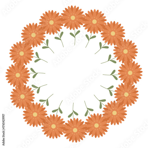 Autumn floral wreath with orange daisies and leaves. Decorative round floral wreath made of orange daisy flowers and green leaves, perfect for fall greeting cards, invitations, or seasonal designs.
