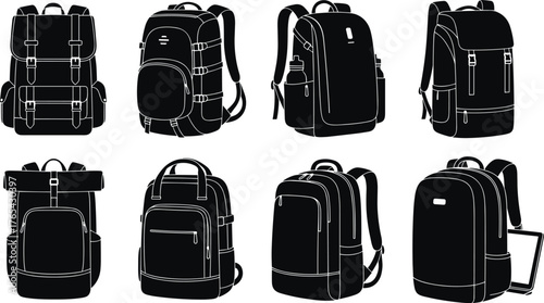 Backpack silhouettes, hiking gear, commuter bags, school packs, multi-pocket design, laptop compartment, black icons, utility shapes, travel accessories