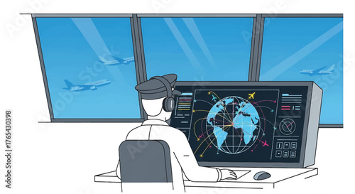 Air traffic controller sitting at a desk with a large screen displaying a world map and aircraft tracking data in front of a window showing flying