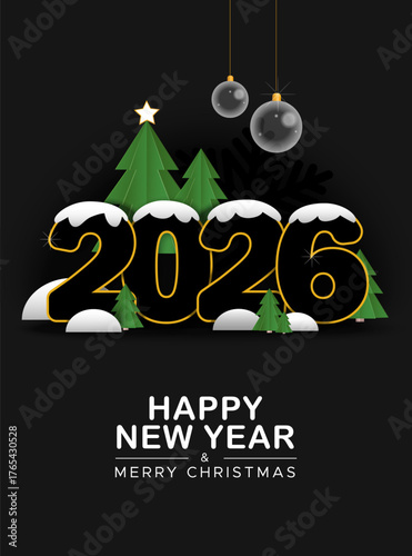 2026 New year card with snow, stars and spruce in paper cut style on a black background. Vector card.