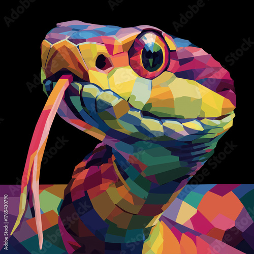 Geometric WPAP-style illustration of a snake with bright polygonal shapes. Colorful tones create a vivid modern abstract look on a black background