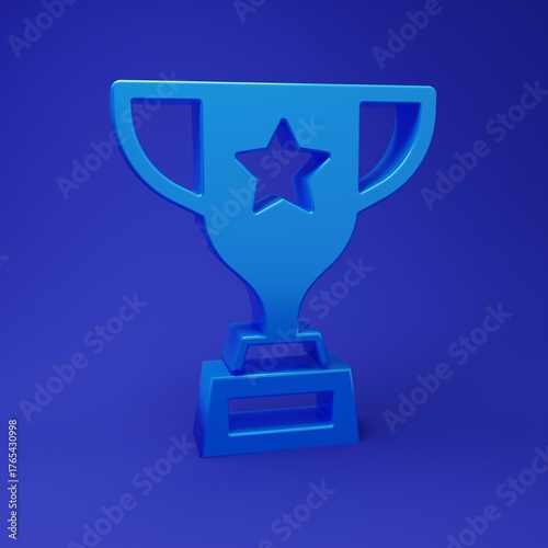 Blue Award cup icon isolated on blue background. Winner trophy symbol. Championship or competition trophy. Sports achievement sign. Minimalism concept. 3D render illustration