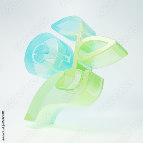 Frosted glass Leaf in hand of environmental protection icon isolated on white background. Seed and seedling. Planting sapling. Ecology concept. Minimalism concept. 3D render illustration