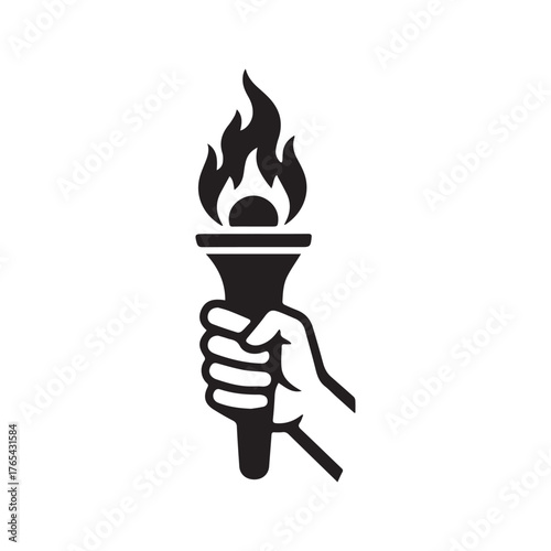 Hand Holding Flaming Torch Glyph Icon. A powerful symbol of liberty, freedom, revolution, victory, and knowledge. Vector logo for sports, leadership, and hope.

