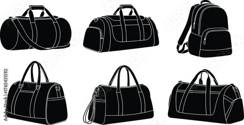 Duffel bag silhouettes, travel gear, gym bags, backpack icon, handle styles, compartment design, black shapes, utility accessories, luggage icons