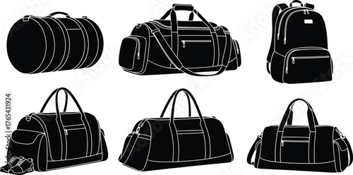 Duffel bag silhouettes, travel gear, gym bags, backpack icon, sneaker accessory, black shapes, utility design, luggage styles, fitness kit