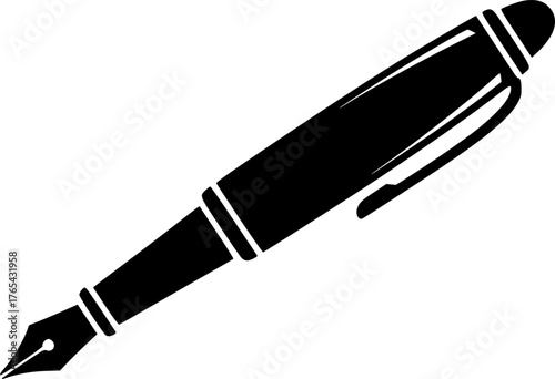 Pen icon. Black, minimalist icon isolated on white background. Fountain pen simple silhouette. Web site page and mobile app design vector element.
