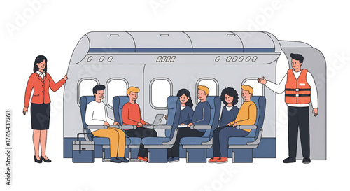 Illustration of a flight attendant and pilot greeting passengers inside an airplane cabin with a welcoming gesture.