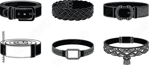 Fashion belt silhouettes, braided strap, circular buckle, chain link, macramé tassels, leather design, black shapes, accessory icons, style variety