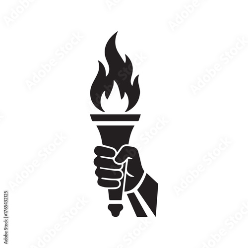 Hand Holding Flaming Torch Glyph Icon. A powerful symbol of liberty, freedom, revolution, victory, and knowledge. Vector logo for sports, leadership, and hope.
