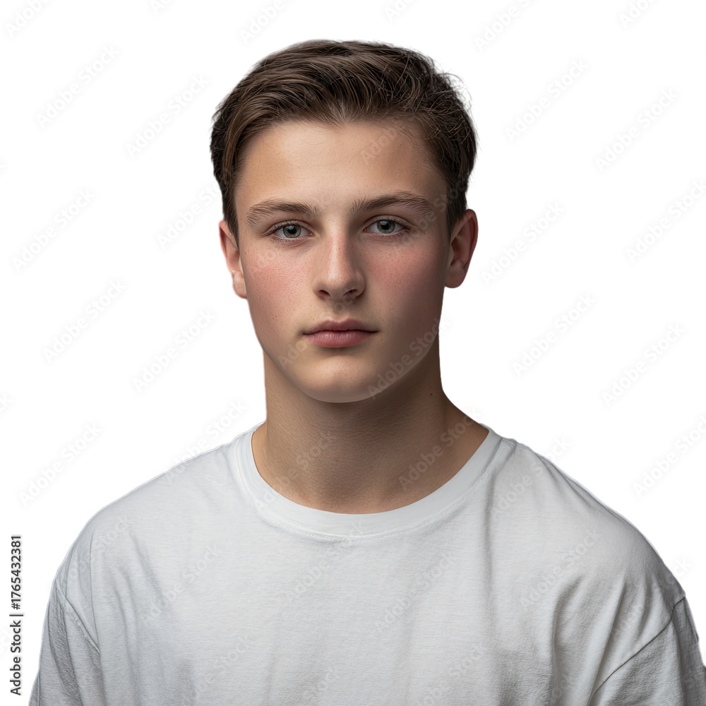 Obraz premium Isolated portrait of confident teenage boy with light skin and styled brown hair in white t-shirt on transparent background 