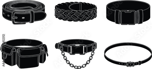 Fashion belt silhouettes, leather buckle, braided strap, wide belt, utility pouch, chain link, minimalist design, black shapes, accessory icons