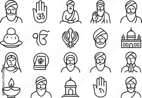 Collection of sikhism icons isolated on white background, showcasing symbols, figures, and cultural elements associated with the sikh faith and traditions