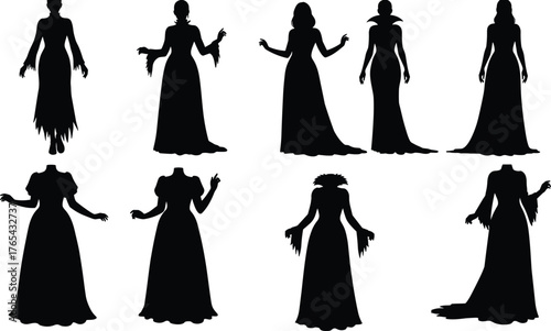 Gothic dress silhouettes, spooky fashion, Halloween costume design, vintage gowns, eerie poses, black shapes, horror theme, mysterious vibe, character styling