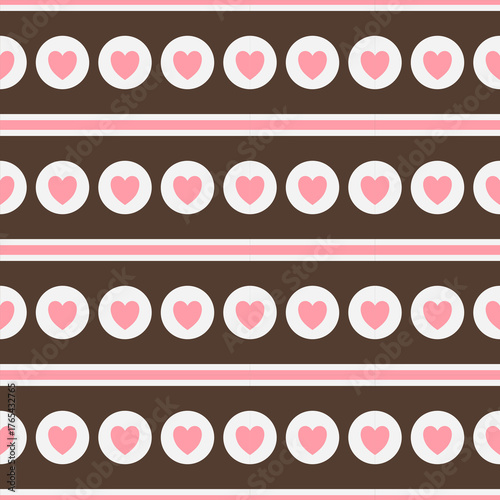 pink heart shape in circle with pink striped brown background cute seamless pattern
