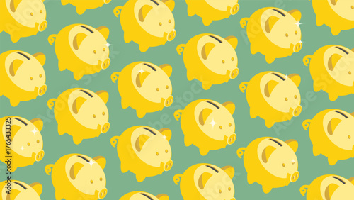 Isometric green money cloth lined with neat rows of golden piggy banks for money and luck. Backdrop for advertising of banking services. 3D vector background top view at an angle