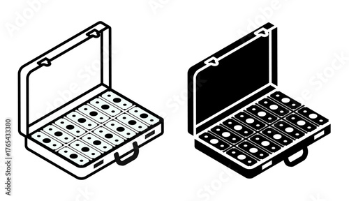Linear isometric icon. Open leather suitcase filled to the brim with stacks of American dollars in cash. Simple vector isolated on white background