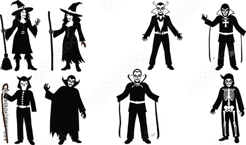 Halloween character illustrations, vampire, witch, devil, skeleton, spooky costumes, cartoon style, festive icons, black outfits, eerie vibe, horror theme