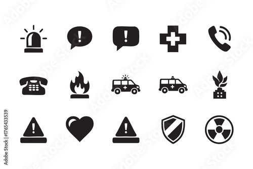 Collection of black emergency and safety icons on white background including siren ambulance phone fire