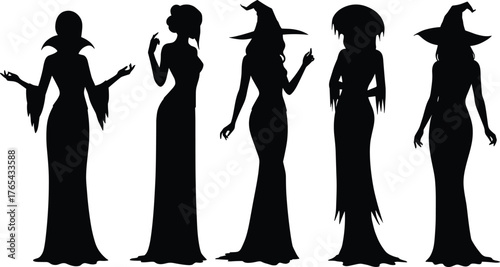 Halloween dress silhouettes, witch costume, ghostly gown, fantasy fashion, spooky icons, black shapes, eerie vibe, character styling, costume design