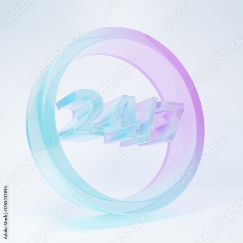 Frosted glass Clock 24 hours icon isolated on white background. All day cyclic icon. 24 hours service symbol. Minimalism concept. 3D render illustration