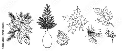 Black and white line art of Christmas and winter holiday elements — poinsettia, holly, pine branches, cones, and festive sprigs in an elegant decorative vector composition