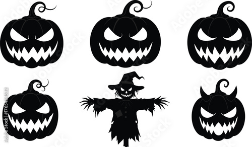 Halloween silhouettes, scary pumpkin faces, spooky scarecrow, devil horns, stitched grin, glowing eyes, festive icons, black shapes, eerie vibe, creepy design