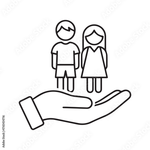 Children care linear icon. Boy and girl on a supportive hand. Thin line symbol for child protection, welfare, adoption, and social services.
