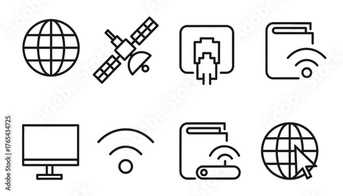 Global Internet and Communication Vector Outline Icon Set: Collection of 8 Thin-Line Symbols for Network, Satellite, Wi-Fi, Ethernet, and Digital Connectivity Technology