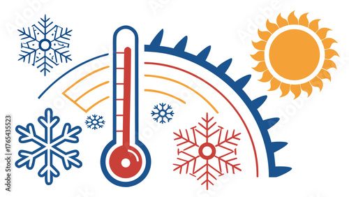 Weather forecast with sun and snowflakes with thermometer, symbolizing temperature changes, perfect for climate or meteorology reports, originally vector art
