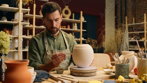 Caucasian sculptor man potter craftsperson ceramist small business owner male in apron carefully painting big ceramic vase jar paintbrush drawing design ornament pattern decorating pottery at workshop