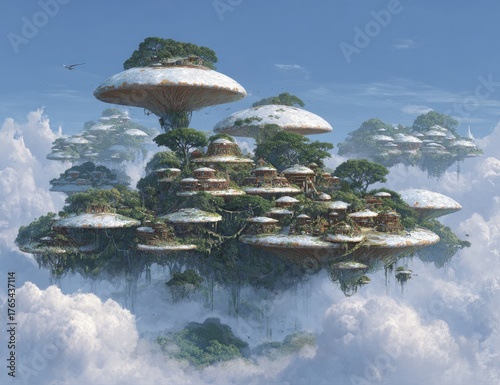 Mushroom-like, floating isles hover in a cloudy landscape